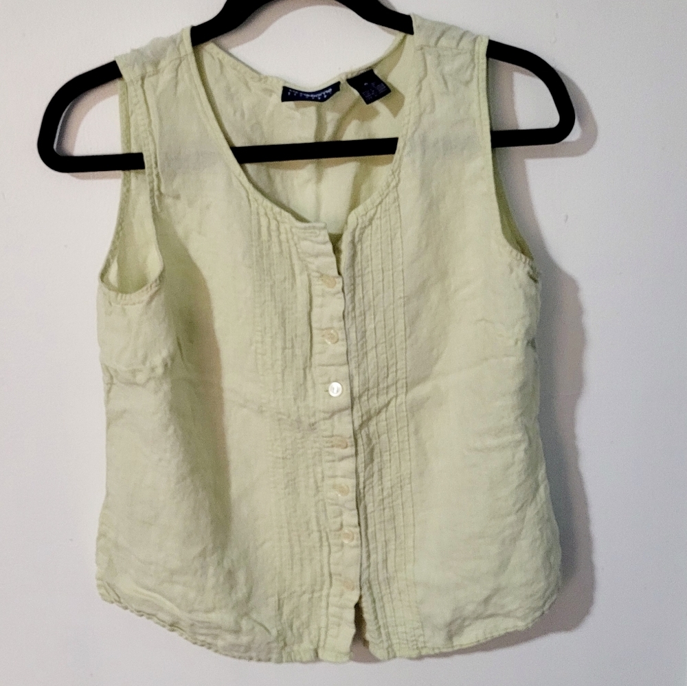 Liz Claiborne LIZSPORT Yellow Sleeveless Linen Pleated Blouse sz 12